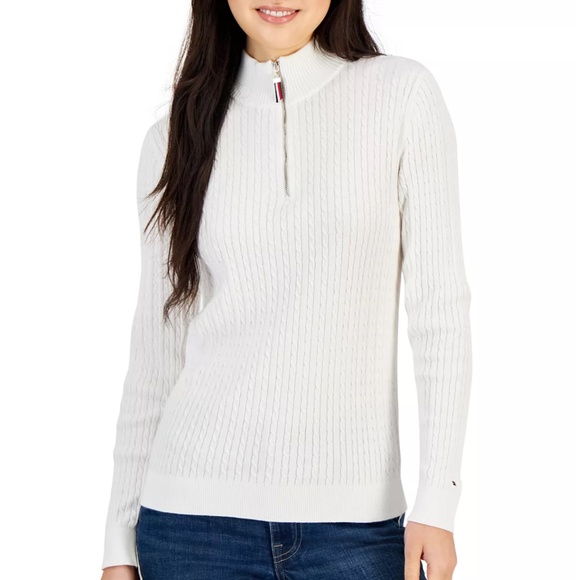 TOMMY HILFIGER Women's Cotton Mock Turtleneck Cable-Knit Sweater, size M - Picture 1 of 1